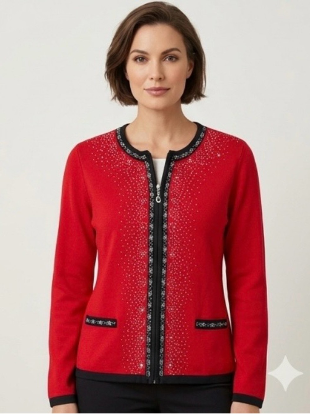 🔥NWT - C.D. Petites Red Embellished Zip Cardigan - Picture 2 of 7